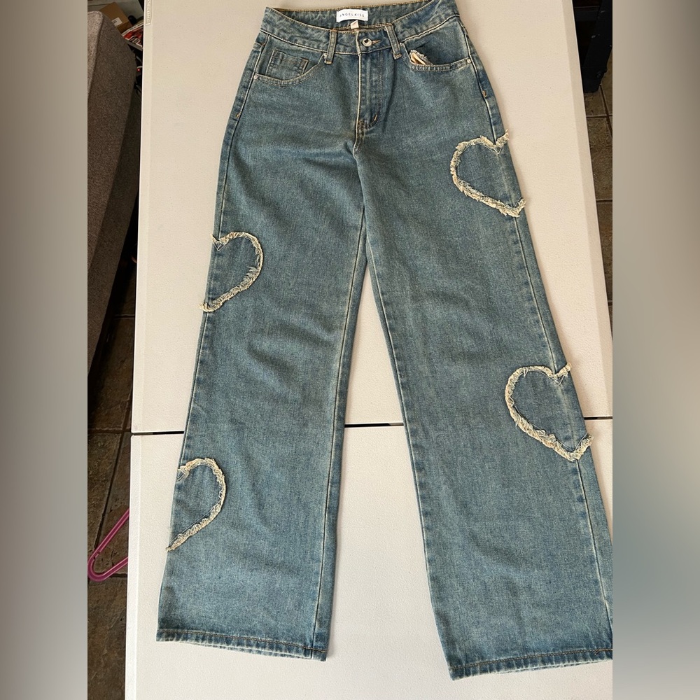 Denim Wide-Leg Jeans with Heart Appliqués - Blue